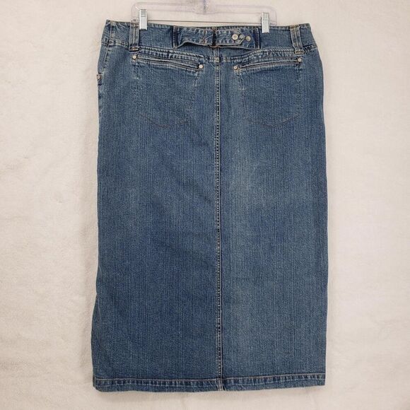 Vintage Faded Glory Denim Midi Skirt Women 18 Blue Stretch Zip Coin Pocket YKK - Picture 4 of 12